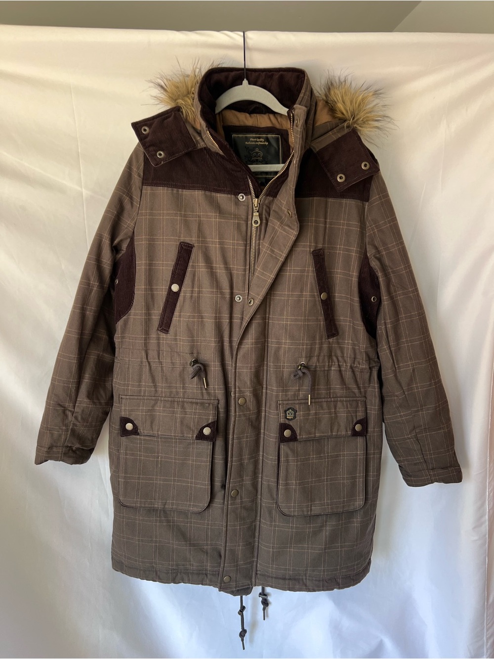 NWT Men’s MERC London Schultz* Brown Plaid Parka Hooded Coat